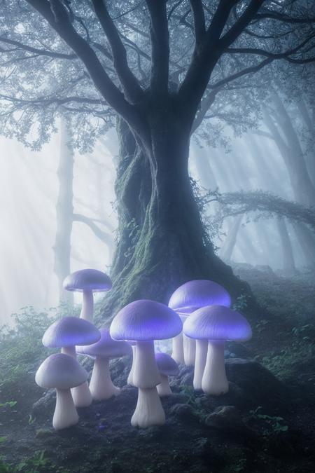 misty enchanted forest, glowing mushrooms scattered on the forest floor, ancient trees with twisting branches, soft blue and purple lighting, gentle fog rays through trees, fantasy magical vibe, high detail forest floor