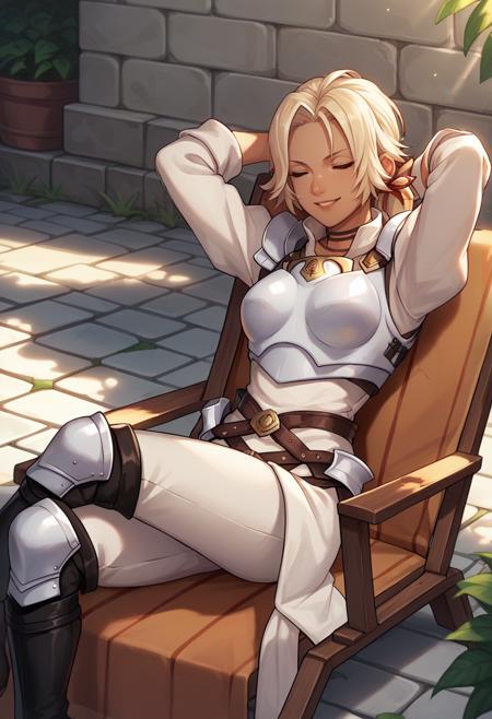 defCath, short hair, ponytail, hair ribbon, dark skin, breastplate, pauldrons, capelet, gauntlets, white pants, knee pads, choker, belt, waist cape, thigh boots sumCath, short hair, ponytail, dark skin, hair flower, white bikini, large breasts, cleavage, tied shirt, see-through, belt, sarong, thigh strap, sandals rndCath, short hair, ponytail, hair ribbon, dark skin