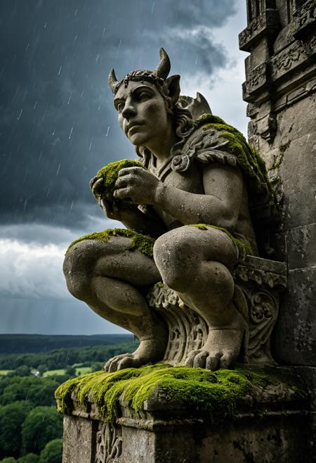 Ancient stone gargoyle perched on cathedral ledge with weathered limestone texture and moss growth in carved details. Dramatic storm lighting with dark clouds behind, rain droplets on stone surface. Architectural photography with macro lens detail, medieval craftsmanship precision. Atmospheric perspective with gothic romance aesthetic, carved stone expertise showing centuries of weathering.