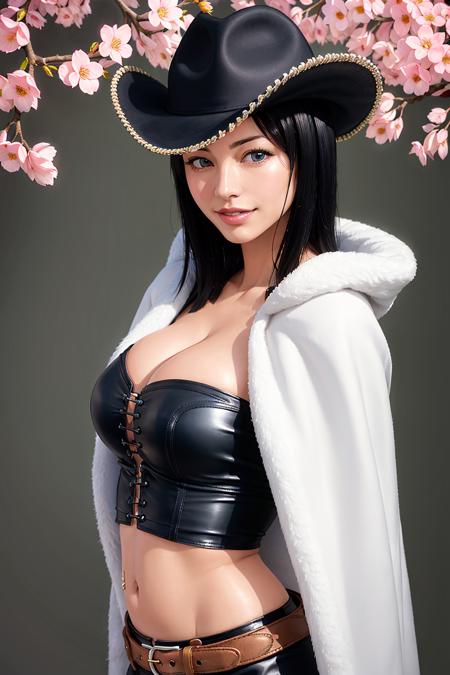 masterpiece, (photorealistic:1.5), best quality, beautiful lighting, real life, nico robin, 1girl, (from side), black bustier, black hair, blue eyes, breasts, bustier, cape, cherry blossoms, cleavage, collarbone, cowboy hat, crop top, cross-laced clothes, eyelashes, fur-trimmed cape, fur trim, grin, hands in hair, hat, large breasts, lips, long hair, looking at viewer, navel, parted lips, petals, simple background, smile, solo, upper body, white background, white headwear,  <lora:nico_robin_pre_timeskip_offset:1>   <lora:japaneseDollLikeness_v10:0.2>