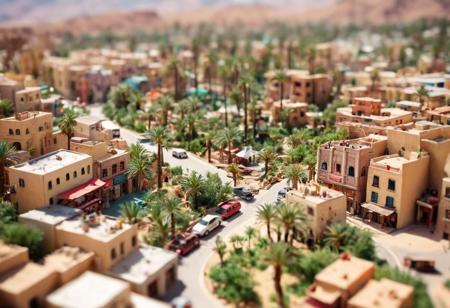 a photo with a tilt shift . selective focus, miniature effect, blurred background, highly detailed, bright, perspective control, a picture with a natural tilt (whimsically artistic), charming additional (fluffy: 1,3) a view from above on a city in a oasis in the desert,