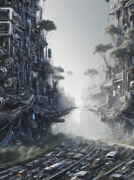 ais-mechdystopia collapsed overpass, intertwining with digital vines and flickering lights, overlooking a stream of discarded tech, in a hazy twilight <lora:Mechanical_Dystopia_SD1.5:1>