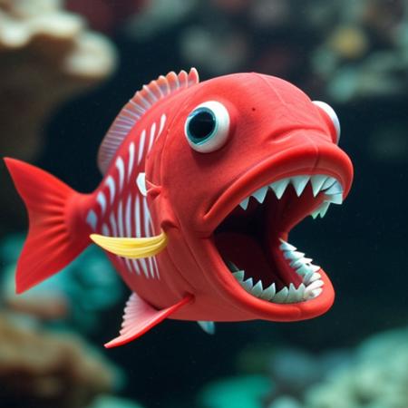 a red cartoon fish with sharp teeth