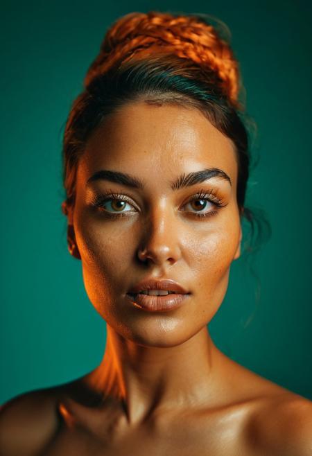 A striking image  of goregous women in her 30's  , diffused lighting with 3d pop up of face, key light, backdrop ,  dual tone colors, dual tone teal and orange colors illuminating the face ,shot in a studio, emphasizing the textures and contrasts. Photographed with a Nikon Z7 II and a NIKKOR Z 50mm f/1.8 S lens.