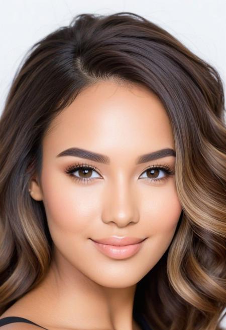 radiant complexion, warm complexion that doesn't conform to a specific skin tone, rich skin tone, blended heritage, symmetrical face, symmetrical eyes, harmonious face, high cheekbones, soft smile, expressive eyes, perfect eyes, well-defined eyebrows, lush hair, free flowing hair, soft wavey hair, natural hair tones, shimmering highlights, full figure, curvaceous figure, confident posture, big and beautiful, elegant poise, elegant garments, free flowing fabric, graceful attire, complement fit, majestic presence, welcoming posture, happy, smiling, radiating beauty, amorous, flirty