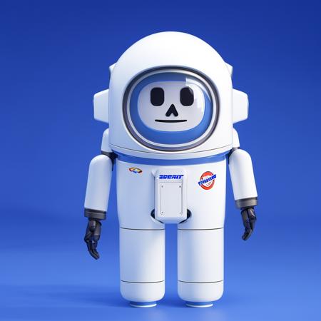 white robot Astronauts, blue background, humanoid robot, standing, solo, water, no humans, blue eyes, holding, full body, standing, black eyes, simple background, soft light. <lora:cute robota_v1:0.7>