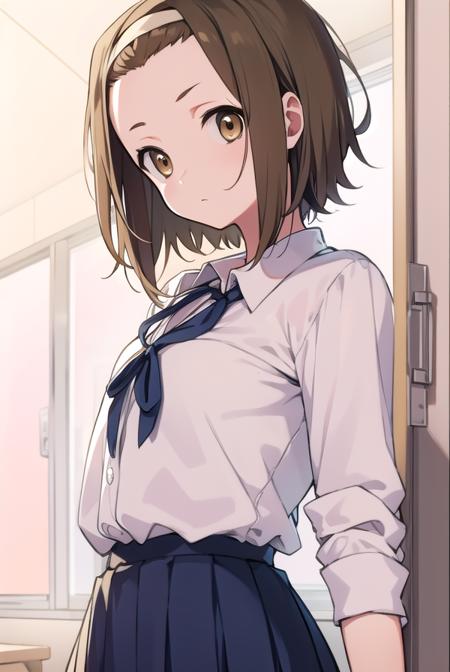 ritsutainaka, <lora:ritsutainakatest:1>, ritsu tainaka, (brown eyes:1.7), light brown hair, (forehead:1.5), hairband, short hair, (flat chest:1.2), BREAK sakuragaoka high school uniform, school uniform, BREAK looking at viewer, BREAK indoors, classroom, BREAK <lora:GoodHands-vanilla:1>, (masterpiece:1.2), best quality, high resolution, unity 8k wallpaper, (illustration:0.8), (beautiful detailed eyes:1.6), extremely detailed face, perfect lighting, extremely detailed CG, (perfect hands, perfect anatomy),