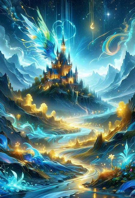 (by Ellen Jewett:1.5) (Bioluminescent Impressionism, landscape of a fantastical landscape of a fantastical snowy world made of labradorite, captured in 8K resolution for stunning detail, towering mountains of shimmering labradorite crystals reflecting a spectrum of blues, greens, and golds, A great castle is on the tallest mountain, the surface glistening like a celestial sky, vast plains of smooth labradorite stones scattered with iridescent flora that pulse with color, gentle rivers of liquid light flowing through the valleys, their surfaces sparkling with the vibrant hues of the stones, ethereal creatures with translucent wings flitting among the glowing plants, creating trails of shimmering light, a radiant moon casting a warm glow over the landscape, evoking a sense of wonder and magic in this enchanting realm of crystal and color. ice and snow, lthndrtrl, night, dark night, 
beautiful gorgeous digital art,style of greg rutkowski,janek sedlar,jenny saville:0], PEAnimeBG
