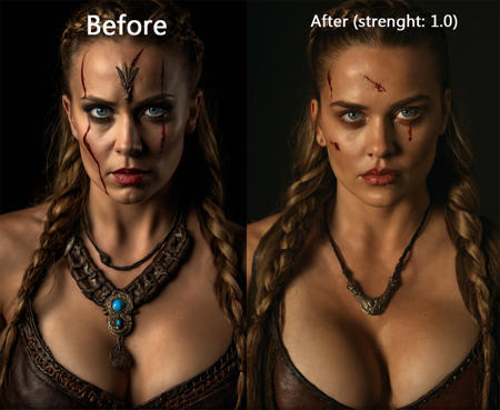 cinematic film still dramatic side lighting, dramatic intense stare closeup portrait, dark black background, hdr, dramatic beautiful warrior woman with warrior face paintings and blood, huge breast, cleavage, viking braids, blue eyes, pelt, skull necklace, shallow depth of field, vignette, highly detailed, high budget Hollywood film, cinemascope, moody, epic, gorgeous <lora:Beautify-Supermodel-SDXL:1>