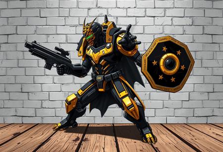 A heroic Cyborg Doctor, its striking black and gold form accented by a vibrant helmet tiger-like pattern. Poised in a Dynamic Action Pose on a distressed wooden surface, facing a textural gray brick wall. It holds a powerful gun and a sturdy shield, head sharply turned left with an alert posture, surveying the scene. Stylized with Splash Ink Illustration, Grammer Effect Style, Handcrafted with Precision, Sharp Lines and Brush Strokes, Stunning Colors, Harmonious Colors, Multi Colored, Contemporary Aesthetics. Beautiful Matte Painting as the Attractive Background. CGSociety, Artstation Trending on ArtstationHQ, Balanced Editing, Impeccable Composition, Creative Angle, Vivid Emotions, Joyful Impact, Powerful Message, Beautiful Detailed Eyes, trending on artstation, Golden Ratio.