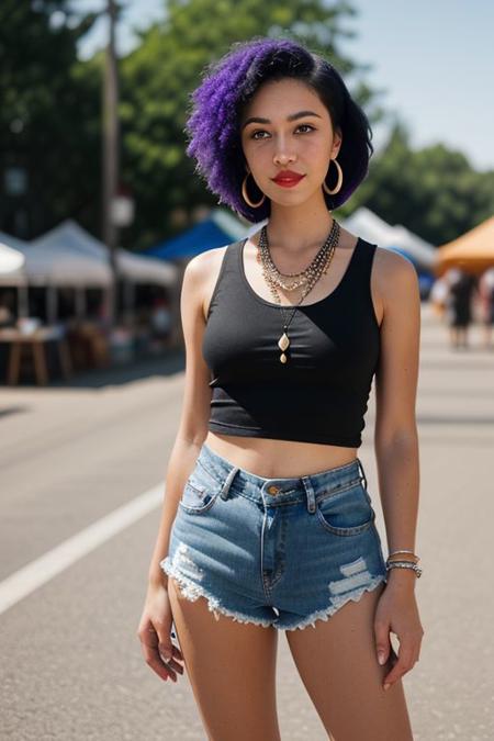 raw photo, exterior, all body, 22-year-old woman, from Eastern Europe, with short deep blue hair, small eyes, wide violet lips, looking straight at the viewer, soft and smooth skin, half smile, large hoop earrings and a beaded necklace, cropped tank top, micro shorts jeans, at a hippie market, detailed image, high quality, natural lighting, cinematic image, photographed with a canon eos R6 dslr camera, 35 mm lens, aperture f/6, 8k, HDr