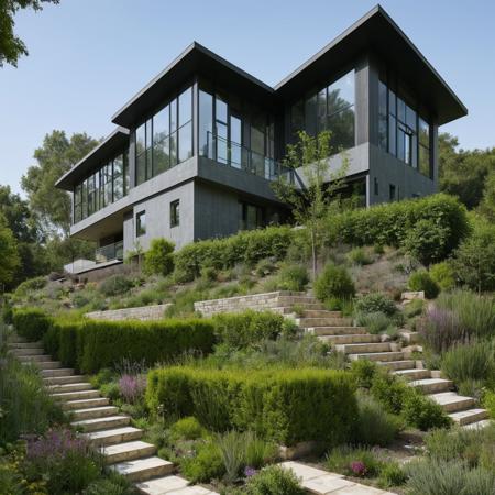 a single house on a hill, the house is entirely made of an element from the Periodic Table, high detail, hdr, elemental garden, complex house design