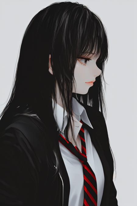 skistyle, 1girl, solo, black hair, long hair, grey background, shirt, collared shirt, closed mouth, bangs, necktie, jacket, black eyes, black jacket, white shirt, simple background, looking away, upper body, red necktie, striped necktie, striped, looking to the side, diagonal stripes, portrait