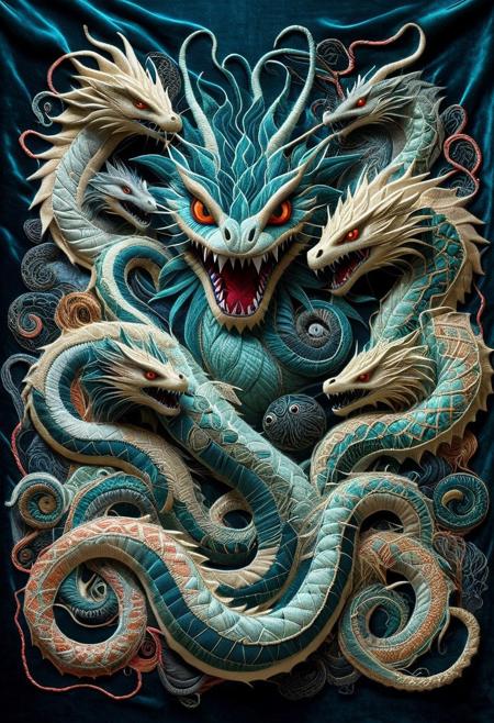 A monstrous hydra, its countless heads stitched together from wildly different fabrics—one made of velvet, another of iron-threaded wool, another of shimmering silk. Each time a head is severed, a new one emerges, its material never repeating. Its patchwork body is a fusion of textures, shapes, and surreal stitched horrors. The seams pulse with eerie, glowing threads, as if barely holding its chaotic form together. It hisses, its button eyes glimmering like possessed marionettes. Ultra-detailed, hyper-realistic, cinematic lighting, 8K, octane render, grotesque patchwork hydra, surreal stitched monstrosity, eerie textile horror, intricate embroidery chaos. ptchwrk, aidmamj6.1