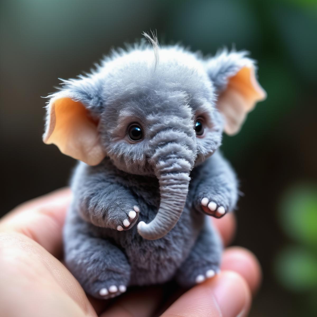A small gray stuffed elephant being held in a person's hand.