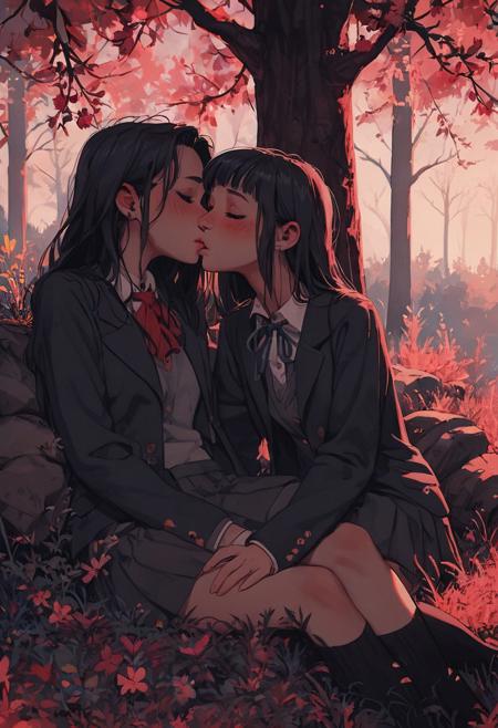 score_9, score_8_up, score_7_up, source_anime, absurd_res,
Very awa, masterpiece, best quality, amazing quality, very aesthetic, absurdres, newest, scenery, volumetric lighting, soft_watercolor, 
2girls, shy, first love, close-up, school uniform, blazer, sitting, under cherry tree, outdoors, grassy ground, hugging, first kiss, almost kissing, lips on lips, blushing, yuri, bold lineart, flat color, 
g0thicPXL, glowing, neon,