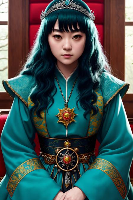 (Yu-jinNobodySD15:1) medieval portrait fantasy princess glorious elaborate royal teal robes tiara gems luxurious stone castle Game of Thrones Hogwarts (masterpiece) (best quality) (detailed) (8k) (HDR) (wallpaper) (cinematic lighting) (sharp focus) (intricate) (Style-Renaissance:0.8) <lora:epiNoiseoffset_v2:1>