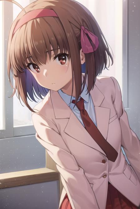 soratakanashi, <lora:sora takanashi s1-lora-nochekaiser:1>,
sora takanashi, short hair, brown hair, ribbon, (brown eyes:1.5), hair ribbon, ahoge, hairband, blue ribbon, blue hairband,
BREAK skirt, school uniform, jacket, necktie, blazer, (pink blazer:1.2), (red skirt:1.2),
BREAK indoors, classroom,
BREAK looking at viewer, (cowboy shot:1.5),
BREAK <lyco:GoodHands-beta2:1>, (masterpiece:1.2), best quality, high resolution, unity 8k wallpaper, (illustration:0.8), (beautiful detailed eyes:1.6), extremely detailed face, perfect lighting, extremely detailed CG, (perfect hands, perfect anatomy),