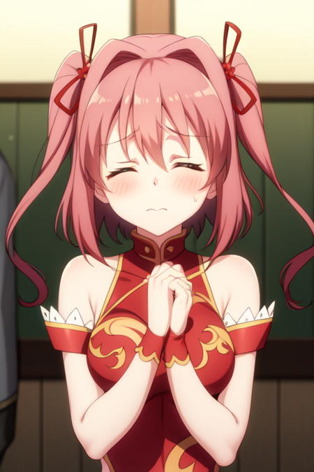 hoshikawahikayu, medium breasts, china dress, covering self, closed eyes, >_<, embarrassed, blush