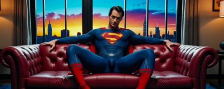 Ultra high definition, dynamic composition: David Corenswet (DCEU's Superman) sits on plush couch, donning iconic suit, boot in hand. Window behind him showcases vibrant cityscape at sunset, vivid colors populating the scene. Zack Snyder's visual flair evident through saturated hues, striking contrast. CG special effects seamlessly integrate. Leaked footage captures intimate moment, hero pose exudes confidence, krypton ion energy radiating from boots. Action-packed image, 2022 photograph.