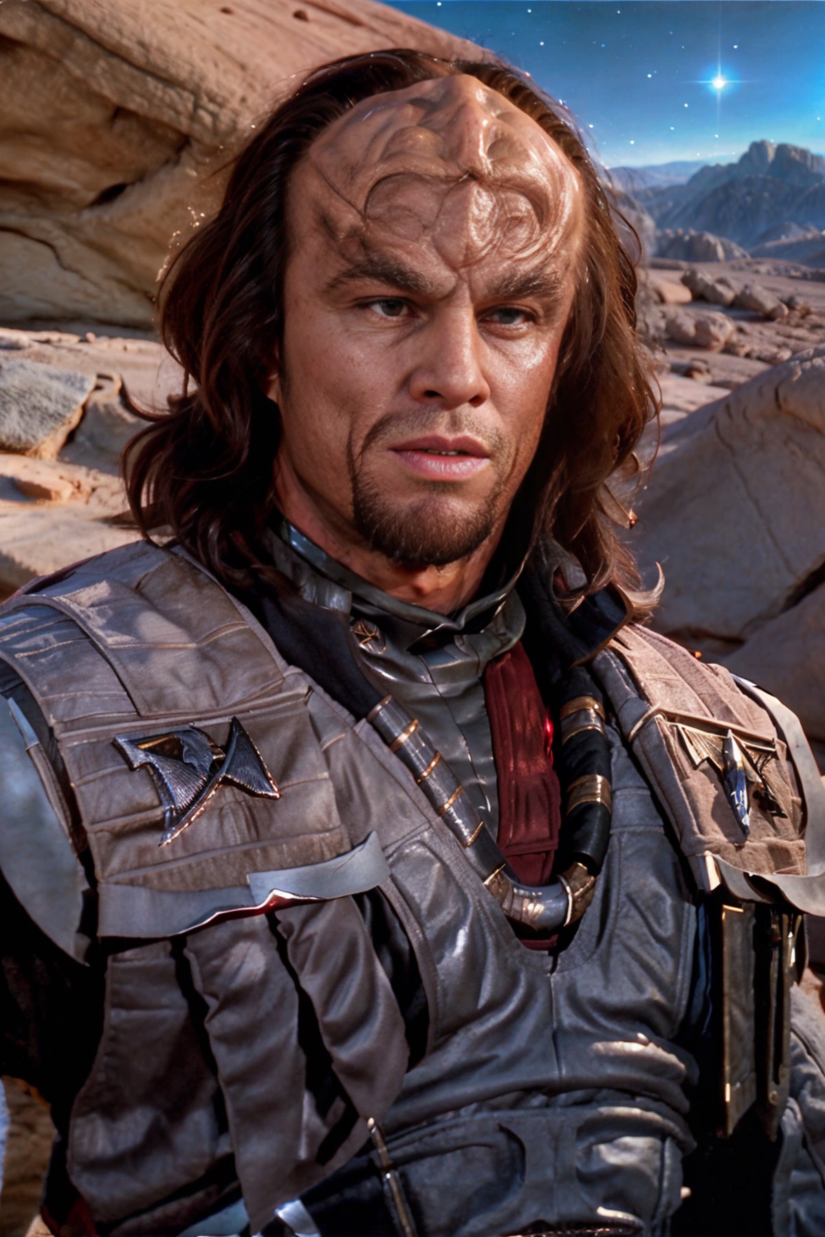 Star Trek, arid red rock planet, muscular ZebAtlas is a klingon, forehead ridge, thick eyebrows, dark skin, wearing Klingo...