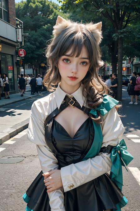 <lora:Lynette:0.7>,realistic, photorealistic, Lynette_genshin,((1girl)), cowboy shot,(close-up),grey hair, cat ears, black short dress, white long sleeves, black pantyhose, cleavage, upper body,((standing)),outdoors, castle, streets, green plants, flowers,