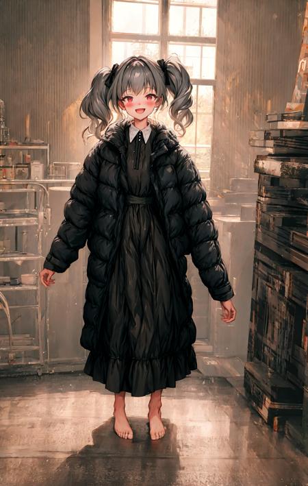 1girl, :d, =bangs, black_dress, black_jacket, blush, coat, dress, feet_out_of_frame, grey_hair, holding, indoors, jacket, long_hair, long_sleeves, looking_at_viewer, medium_hair, open_clothes, open_mouth, red_eyes, smile, solo, standing, twintails  <lora:style_LM7:1>