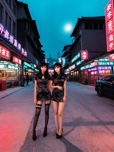 dresschinesedragon, 2girls, sexy,  long hair, stockings, high heels, neon lights, night, darkness,  chinese clothes,  cheneese town background,  <lora:DressChineseDragon:0.7>