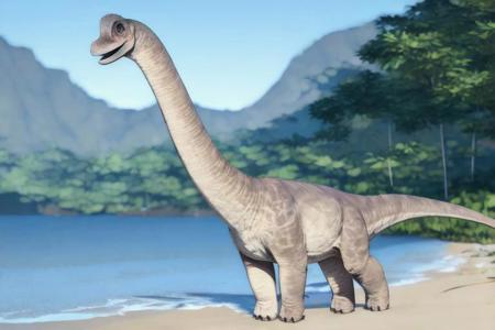 ((masterpiece,best quality)),best res,,good anatomy,ultra cute face,,smiling,extremely detailed face,4k,happy, upper body,,detailed eyes,,beautiful,smiling,,cute,very cute,, solo,, smile, tail,,full body,upper body,brachiosaurus,,middle of a beach,,