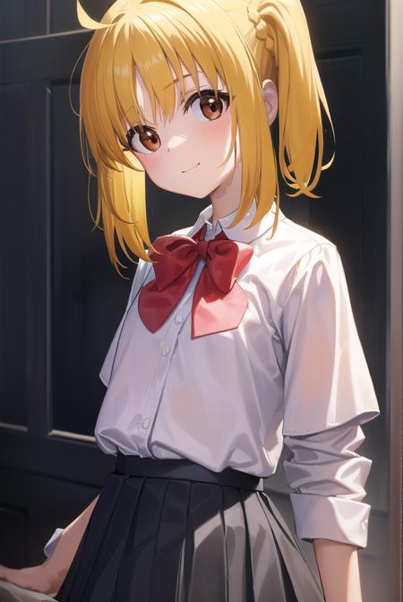 nijikaijichi, <lora:nijikaijichi-lora-nochekaiser:1>, 
nijika ijichi, ahoge, (yellow hair:1.5), (brown eyes:1.5), long hair, one side up, (flat chest:1.2), smile,
BREAK (black skirt:1.5), bow, bowtie, collared shirt, pleated skirt, polka dot, polka dot bow, red bow, (red bowtie:1.5), red footwear, shirt, shoes, short sleeves, skirt, socks, (white shirt:1.5), white socks,
BREAK indoors, classroom,
BREAK looking at viewer, (cowboy shot:1.5), 
BREAK <lyco:GoodHands-beta2:1>, (masterpiece:1.2), best quality, high resolution, unity 8k wallpaper, (illustration:0.8), (beautiful detailed eyes:1.6), extremely detailed face, perfect lighting, extremely detailed CG, (perfect hands, perfect anatomy),