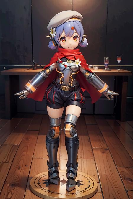 hanajscloth,1girl,robot,robot joints,robot spikes ears,bandaid on nose,short low twintails,blue hair,purple hair,orange eyes,game3d style||white beret,hair red bow,red torn cape,white chest lily (flower),armor with orange trim,golden brown belt,black puffy shorts, hanajsnak,1girl,robot,robot joints,robot spikes ears,bandaid on nose,short low twintails,blue hair,purple hair,orange eyes,game3d style,||robot body with orange trim,