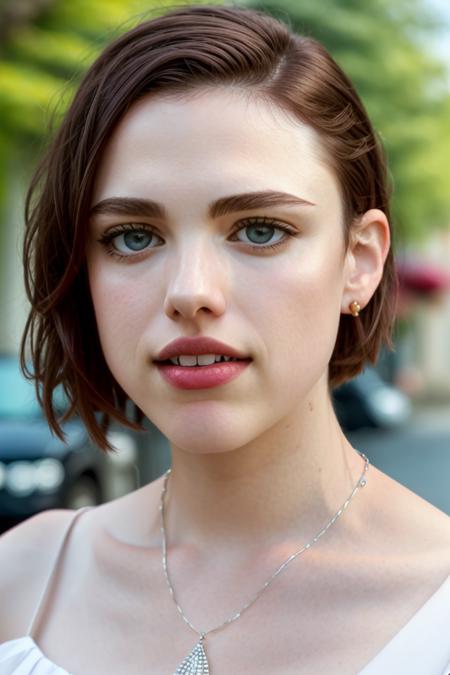 female facial focus, headshot, portrait, looking at viewer, parted lips, teeth,
margaq, 1girl, pale skin, short hair, red lips, necklace, summer dress, 
outdoors, bustling city, depth of field
realistic, volumetric lighting 
 <lora:Margaret_Qualley_v1:0.85>