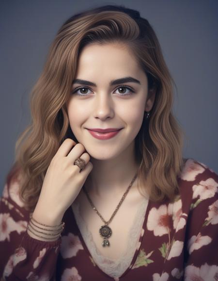 KiernanShipka,<lora:KiernanShipkaSDXL:1>, a Realistic photo of  woman, 1girl, solo, long hair, looking at viewer, smile, brown hair, brown eyes, jewelry, upper body, earrings, necklace, mole, lips, traditional media, floral print, realistic, professional Photography, Photorealistic, detailed eyes, RAW, analog, sharp focus, 8k, HD, DSLR, high quality, Fujifilm XT3, film grain, award winning, masterpiece