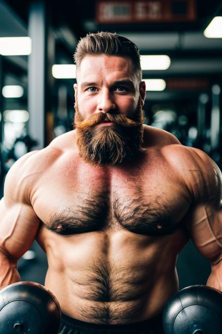 cinematic photo happy man big muscles, beard, moustache,   out of focus gym background . 35mm photograph, film, bokeh, professional, 4k, highly detailed