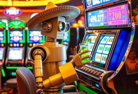 in a casino, at a digital slot machine, a 1930's science fiction robot is playing the slots, cylindrical robot body, cylindrical robot head, tube arms, tube legs, robot claw hands, rectangular robot feet, light bulb eyes, polygraph mouth, the 1930's science fiction robot is holding a mint mojito drink, the 1930's science fiction robot is wearing a sombrero, the 1930's science fiction robot is ridiculously out of place in the scene