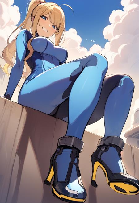 masterpiece, best quality, 1girl, nagu <lora:samus-xl-nvwls-v1-000007:0.9> defsamus, blonde hair, bodysuit, blue clothes, high heels, sitting, looking at viewer, from below, blue sky, clouds, smile