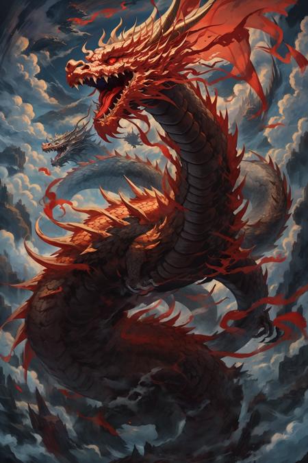 chinesedragon, no humans, dragon, open mouth, horns, cloud, sky, teeth, monster, sharp teeth, scales, red eyes, solo, fangs, tongue, cloudy sky