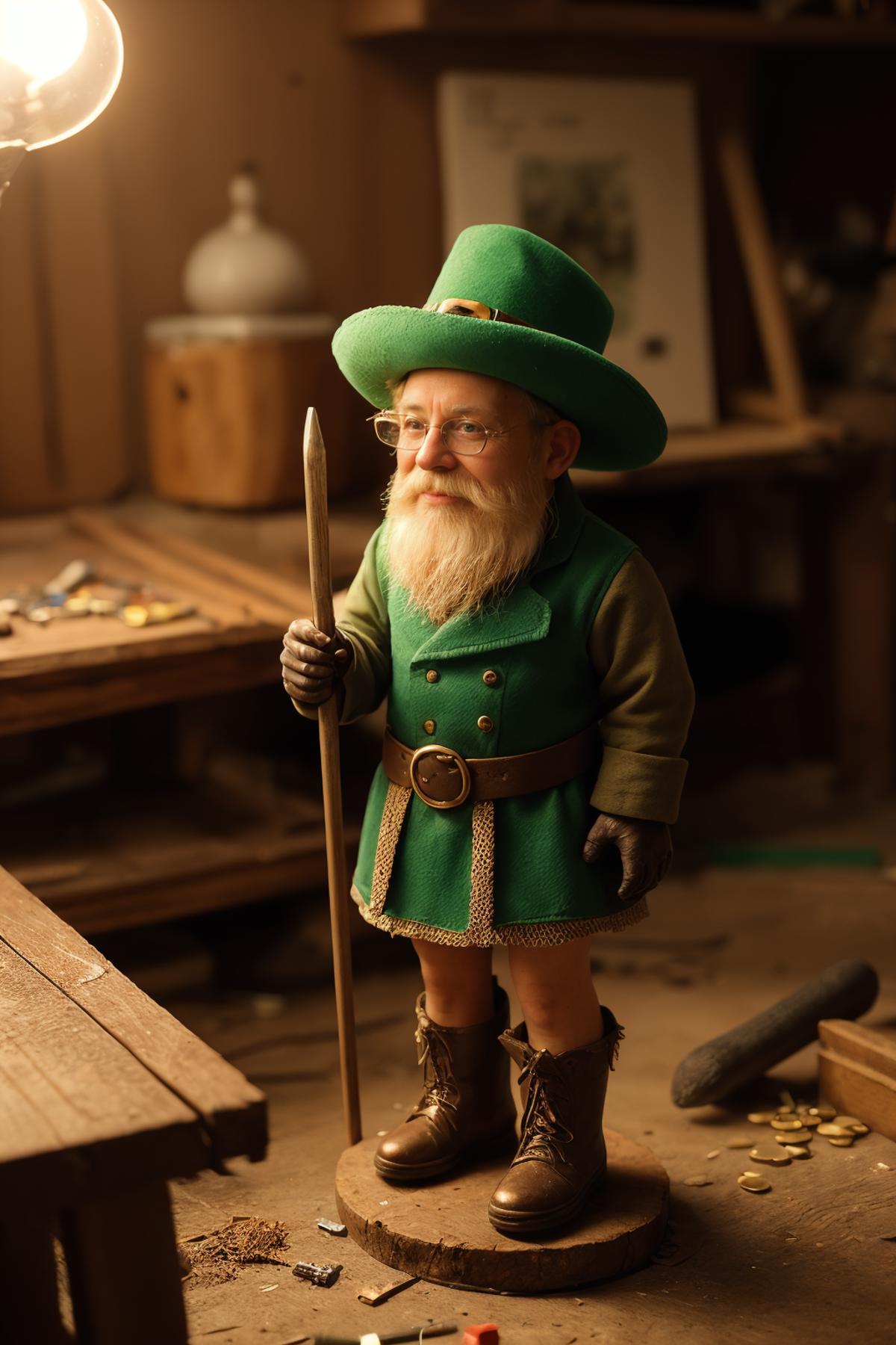 Leprechaun: A wizened old Leprechaun with a mischievous twinkle in his eyes,dressed in a worn green leather kilt and a tri...
