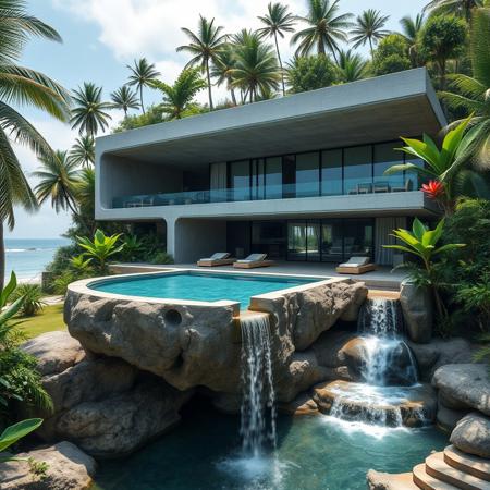 A futuristic concrete brutalist modern house with swimingpool on a waterfall inspired from a famous architect, with exotic luxuriant vegetation around, in a tropical jungle setting, near a beach, photorealistic, a masterpiece, 4K, high details, view from close, wide lenses camera