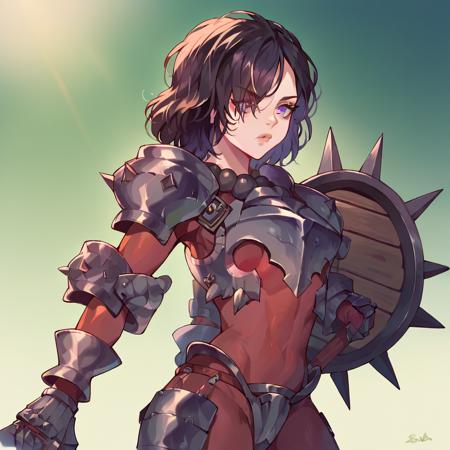 berengaria unicorn_overlord purple eyes hair covering one eye short hair armor spiked shield