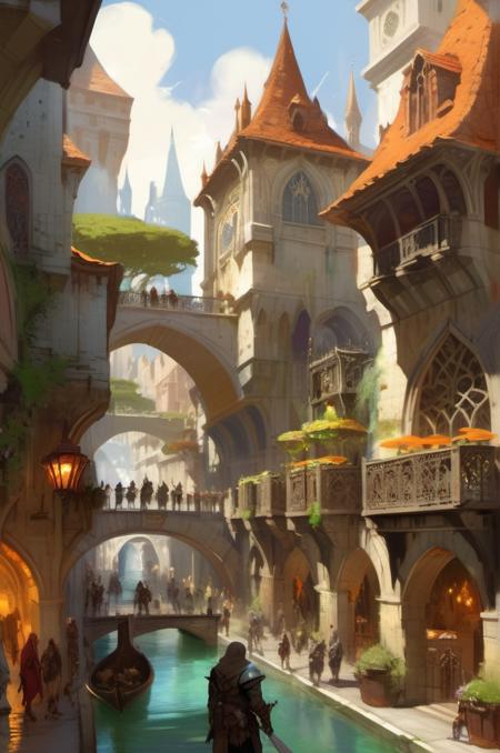 , <lora:Craig Mullins Style:1> Craig Mullins Style , digital paintings ,, a grand capital city nestled in the heart of a magical realm inspired by Dungeons and Dragons. The city stands as a testament to both architectural splendor and mystical enchantments. The streets are bustling with life, filled with a diverse array of creatures, both human and fantastical, going about their daily routines. The buildings showcase a harmonious blend of traditional medieval design and whimsical magical enhancements. Ornate bridges span over flowing rivers and canals, connecting various districts of the city. Gardens and parks are interspersed throughout, teeming with vibrant, otherworldly flora and fauna. In the central square, a magnificent fountain serves as a gathering place, its waters sparkling with magical energies.