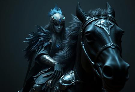 A close-up of a person on a horse, necromancer sorceress, lord of change, gradient shading, with a black and blue scheme. Consider a feathered mouse cavalry, heroengine, dark enclosed environment. The scene features a dark artslab coat, metallic shield, and the Amber Pitfall. Create a digital art piece using the Unreal Engine. Apply a cinematic lighting, with the heroengine. Use a face enhance, and a golden ratio for composition. Ensure the image has a resolution of H 704.