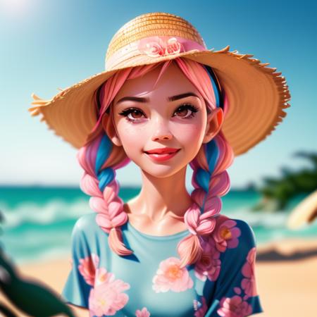 <lora:caomao:0.8>1girl, solo, hat, braid, blurry background, outdoors, looking at viewer, straw hat, blurry, portrait, twin braids, day, beach, realistic, pink hair, floral print, multicolored hair, brown eyes, sky, sun hat, lips, depth of field, ocean