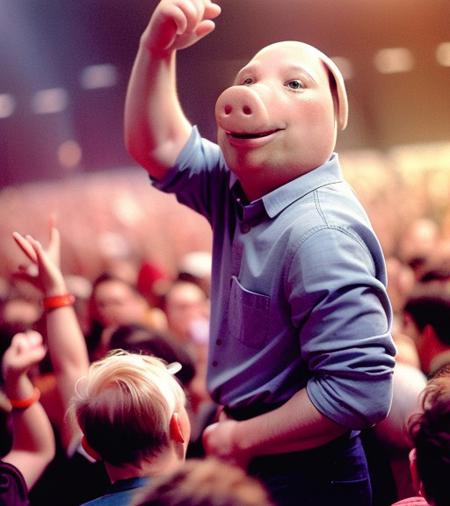 <lora:JohnPork:0.8> anthropomorphic pigman John Pork in a middle of a croud of people on a 1990s music concert, color-restored photo