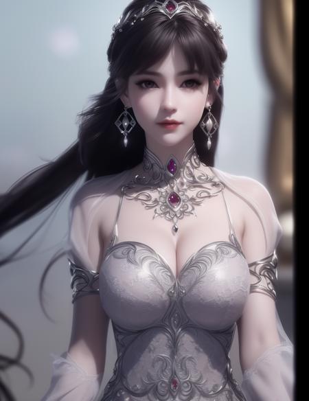 ultra realistic 8k cg, picture-perfect face, flawless, clean, masterpiece, professional artwork, famous artwork, cinematic lighting, cinematic bloom, perfect face, beautiful face, fantasy, dreamlike, unreal, science fiction, huge breasts, beautiful clothes, lace,
((,1girl, pov,))  (((1girl, solo, blurry, long_hair, earrings, depth_of_field, jewelry, blurry_background, web_address, looking_at_viewer))) <lora:DA_XiaoWuGodClothes:0.6>