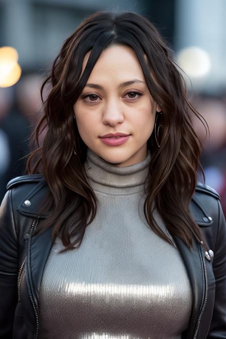 a photo of n4t4l14v3rb3k3v2, a woman (wearing a turtleneck jumper and a leather jacket), on a premiere movie event, standing on the red carpet, (focus on face:1.2), (masterpiece:1.2), (photorealistic:1.2), (bokeh), (best quality), (detailed skin:1.2), (intricate details), (8k), (HDR), (cinematic lighting), (sharp focus), (close-up:1.2)