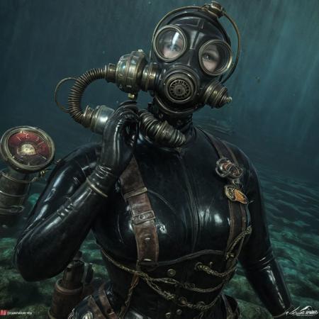 1female,(, lilto, bioshock scuba,), big daddy bioshock, photorealistic, best quality , 8k, intricate, ultra detailed, nice background, (ziprealism)