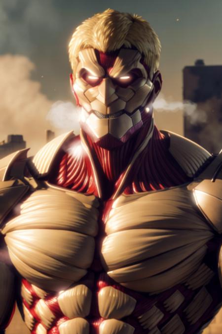 <lora:AttackTitan-10:1>, armored titan, muscular, giant, size ratio, short hair, blonde, building, teeth,  armor on body, armor on face, light in eyes, steam and smoke, head to knees, red muscles , 