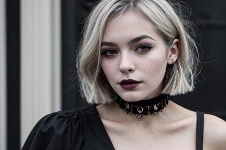 Teen brunnete nordic goth girl | tattoo | dark | Adult | On street | High quality | gothic makeup | realistic | informal | cute girl | bob cut hair | choker | solo
