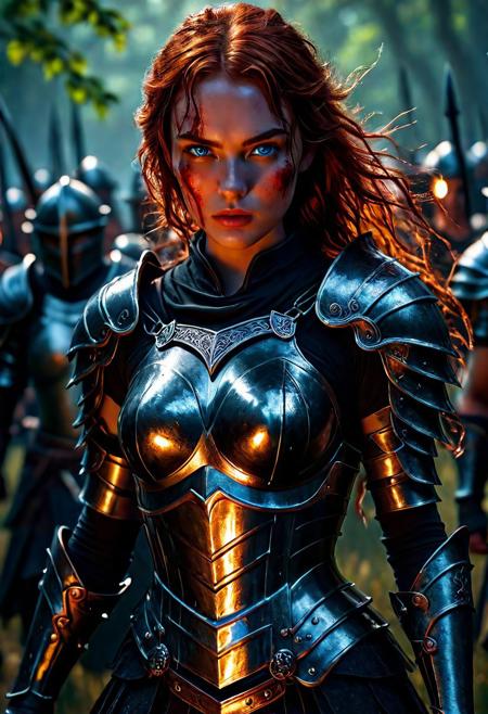 Ultra detailed digital art masterpiece Warrior girl dressed in a iron Armor, Standing on a battlefield at the head of an army of knights, where a bloody slaughter is taking place, standing in battle pose, a dark epic fantasy, perfect lighting, beautiful  Sadie Sink as Warrior girl, attractive woman, elegant, sinewy athletic body, unreal engine 5 nanite quality, mixed with dark elements, dark environment, very stormy night, clean dark velour witch clothing, LOTR style, dark washed out eyeliner, no make up, natural bloody face, realistic blue eyes, ultra detailed atmospheric details, beautiful glowing effects, sparkle effects, realistic body proportions, beautiful face proportions, complex masterpiece, wavy red hair, creative glowing detailed tattoos, complex physics, enhanced colors, complimentary colors, ultra detailed raytracing reflections, Ultra detailed complex background, environment feels alive, direct eye contact, dramatic lighting, wet and sweaty skin, beautiful firm Breasts, Concept art portrait by Greg Rutkowski, adding to the intense and dynamic atmosphere of the scene.